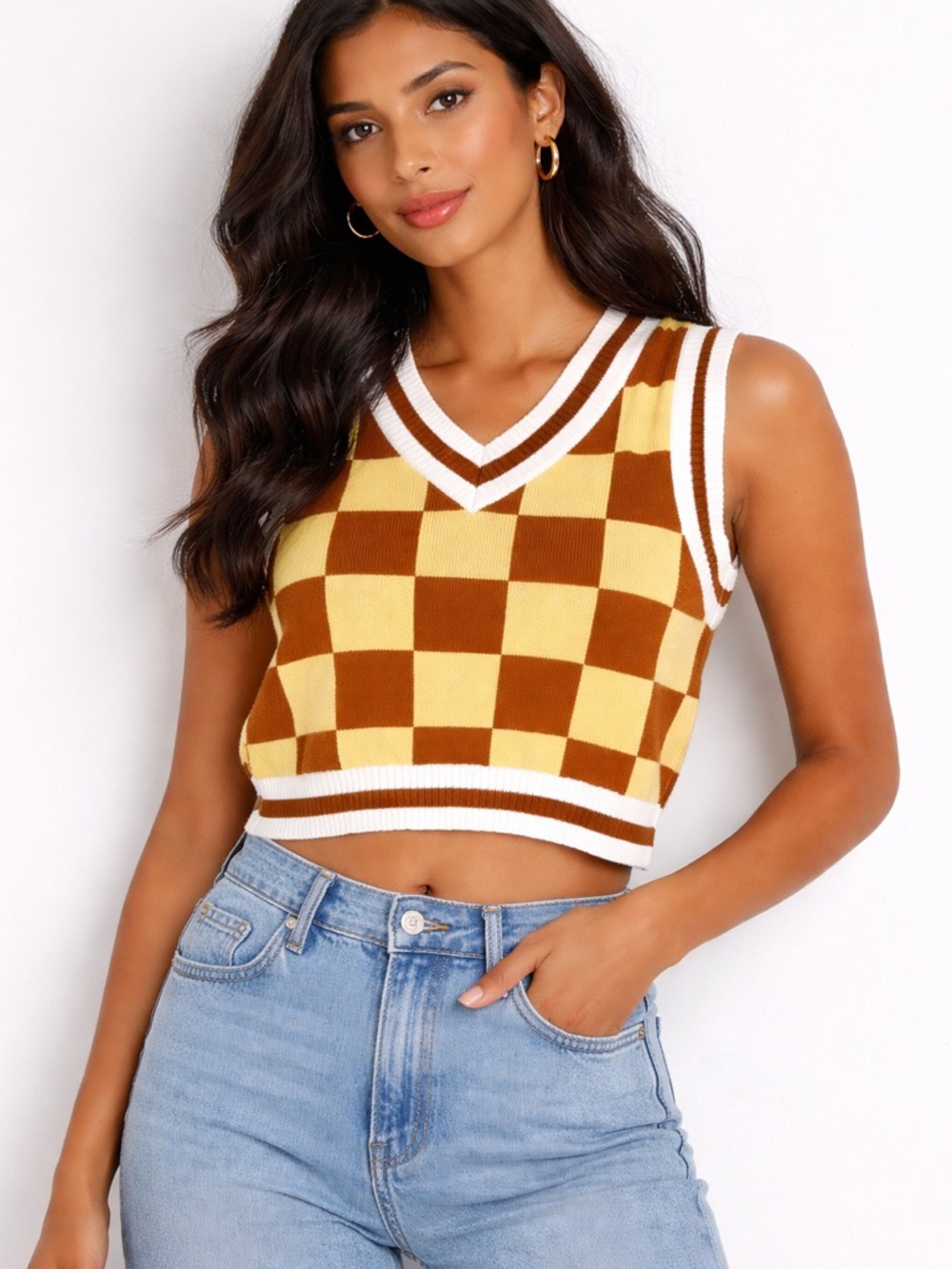 Urban Outfitters Yellow & Brown Checkerboard Knit Vest